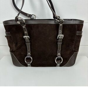 Coach F12836 East West chocolate brown suede tote bag tan lining silver hardware